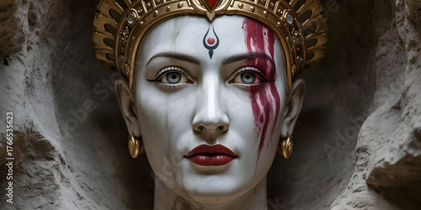 Fototapeta Dramatic close-up portrait of a woman with elaborate face paint and golden headdress