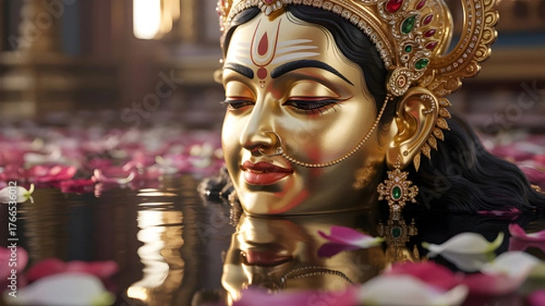 Fototapeta Devotional close-up portrait of a golden deity surrounded by softly blurred pink and red petals