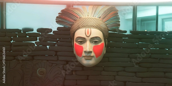 Fototapeta Intricate sculpted statue face with vibrant red accents and ornate headpiece gazing forward