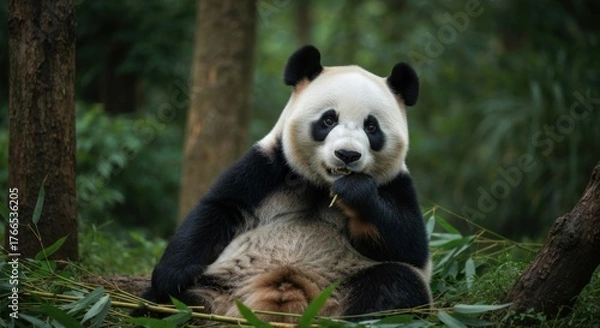 Fototapeta Giant panda seated amidst bamboo, eating with focus in a lush, green forest setting