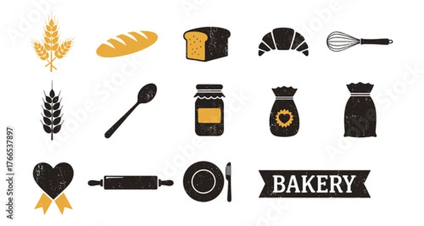 Fototapeta Rustic bakery icons set including bread, wheat, and baking tools in vintage style