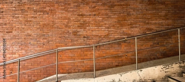 Obraz Brick wall with stairs and a metal railing in an urban setting