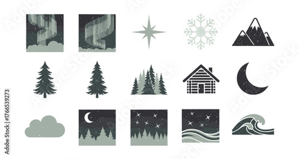 Fototapeta Winter forest icons: night sky, mountains, cabin, and nature elements