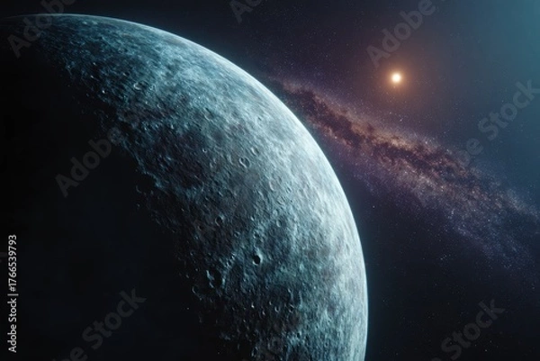 Fototapeta Lonely Planet in Deep Space - Cratered Surface and Distant Sunlight