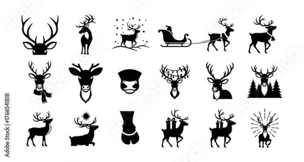 Obraz Christmas reindeer icons: silhouette collection with sleigh and winter themes