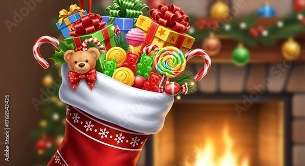 Fototapeta Christmas Stocking Overflowing with Gifts and Treats by the Fireplace.