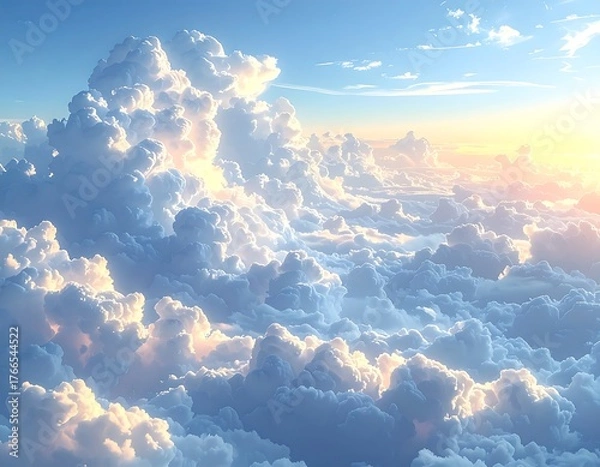 Obraz Aerial view of fluffy, illuminated clouds at dawn