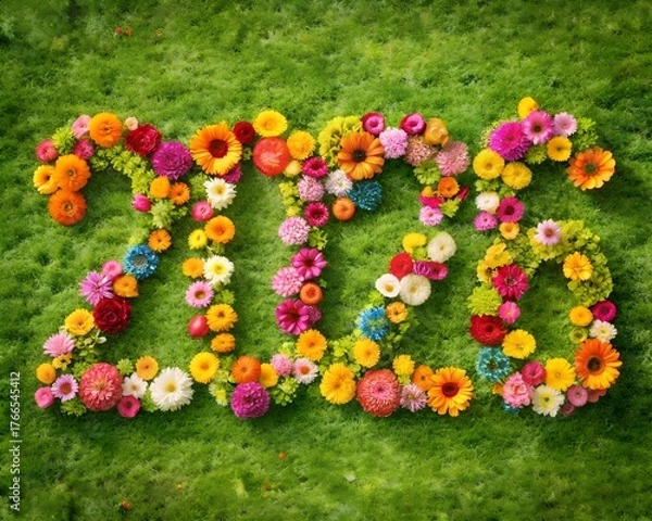 Fototapeta Illustration of 2026 numbers made of colorful flowers arranged on green grass for new year celebration