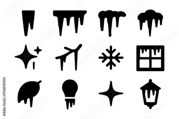 Fototapeta Winter icicle symbols set: silhouette elements featuring frosty and melting designs