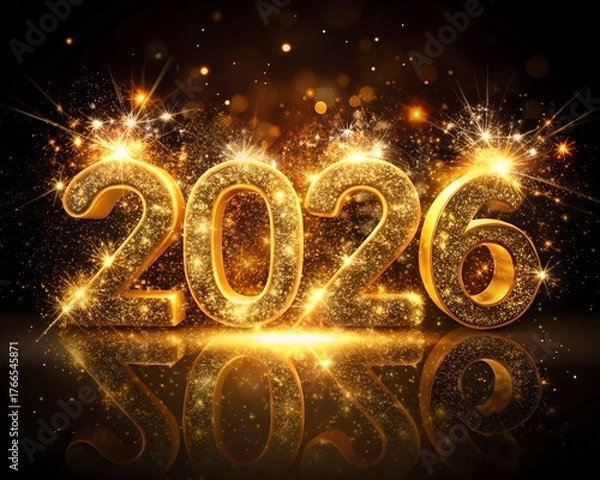 Fototapeta Illustration of sparkling golden 2026 numbers with bright lights and glitter for new years eve