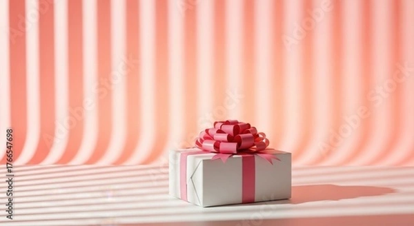 Fototapeta A white gift box with a pink ribbon and bow sits in front of a pink wall with shadows
