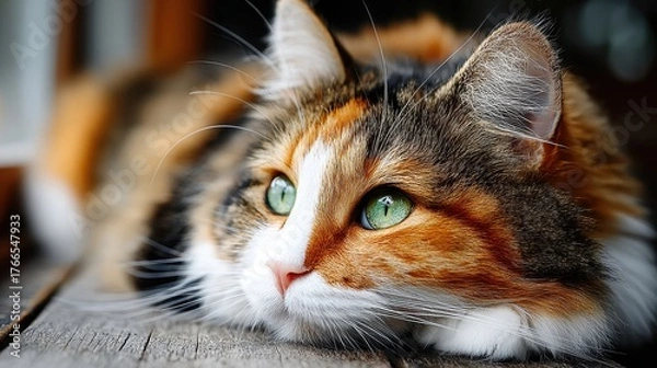Fototapeta Close-up of a Calico Cat with Green Eyes Resting on a Wooden Surface