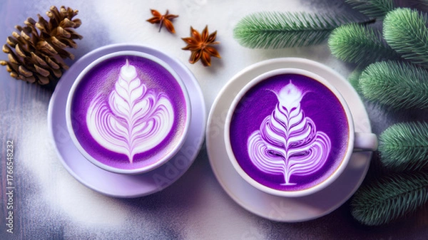 Fototapeta Two cup of purple Ube latte art with snow, pine cone and pine branches creating cozy white winter atmosphere background. Concept for holiday Christmas and New Year drinks. Generated image