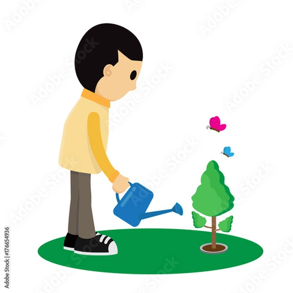 Fototapeta Child is watering a tree cartoon Vector illustration