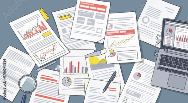 Fototapeta Data Analysis Overload: Documents and Laptop