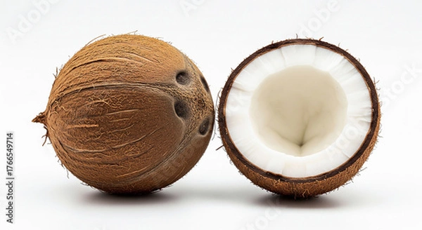 Fototapeta Whole and open coconuts displayed neatly with natural shell and interior