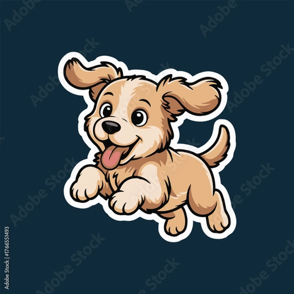 Fototapeta Cartoon illustration of a happy puppy leaping with tongue out against a dark background