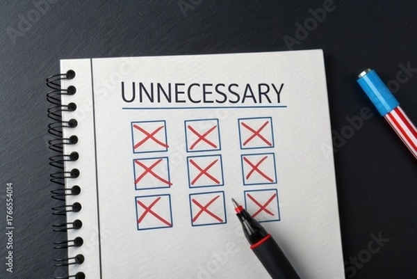 Fototapeta Unnecessary Checklist: a notebook with the word unnecessary on it. Several boxes are crossed off in red. A pen lies next to the notebook