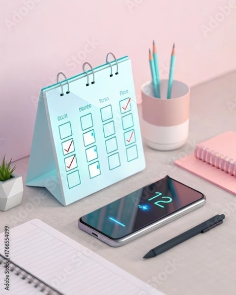 Fototapeta Planning and Progress: A modern workspace with a calendar and mobile phone, capturing productivity.