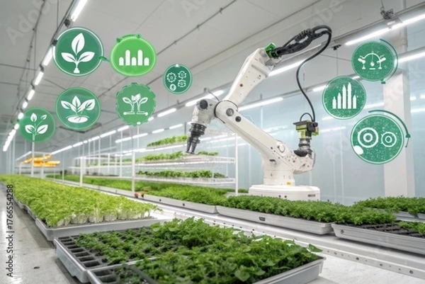 Fototapeta Modern Agriculture Innovation: A high-tech agricultural setting, showing a robotic arm tending to rows of vibrant plants, with digital icons overlaying the scene.