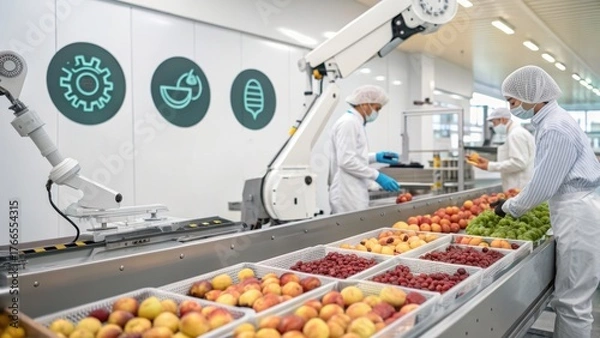 Fototapeta Automated Food Processing: A modern food processing facility with workers and robotic arms meticulously sorting fresh produce, highlighting efficiency and precision.