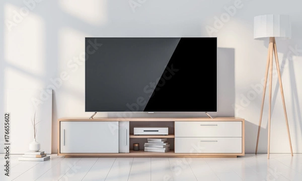 Fototapeta Smart Tv Mockup with blank screen standing in modern living room on wooden console, 3d rendering