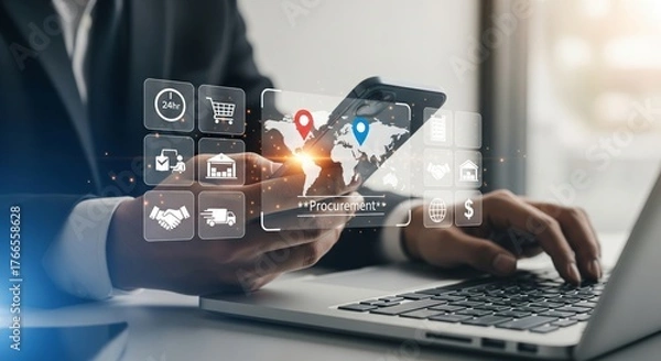 Fototapeta Procurement Hologram Over Hands and Laptop — Global Map with Location Pins and Logistics