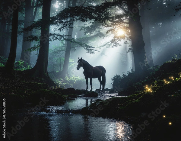 Fototapeta Mystical Horse in Enchanted Forest with Magical Light