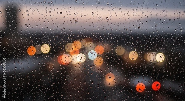 Fototapeta Rain Drops on Window at Twilight City Lights Blur Moody Atmospheric
