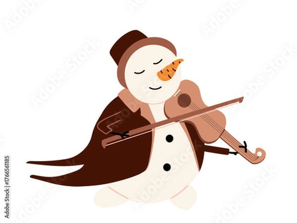 Fototapeta A charming snowman dressed in a classic brown tailcoat and top hat is happily playing the violin. Illustration of a children's winter character isolated