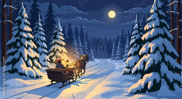 Fototapeta A winter scene depicting a horse-drawn sleigh traveling through a snowy forest at night under a full moon.