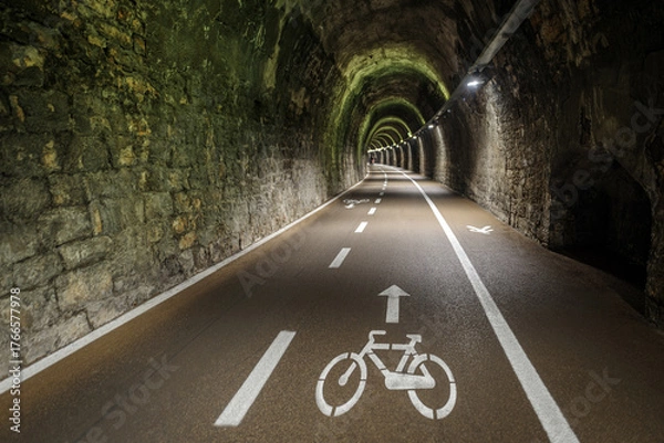 Obraz Bicycle lane on a disused cosatal railway, Imperia, Liguria, Italy
