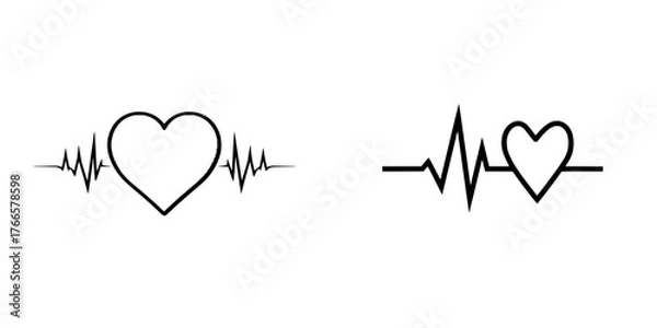 Fototapeta A flat design modern illustration featuring a heartbeat sign, pulse line, ECG, EKG cardiogram silhouette line icon, heart beat red graph icon, and heartbeat wave