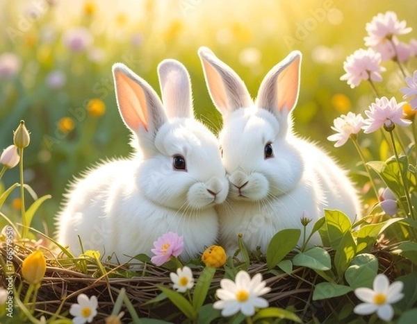 Fototapeta Two adorable white bunnies nestled in a field of flowers, springtime bliss