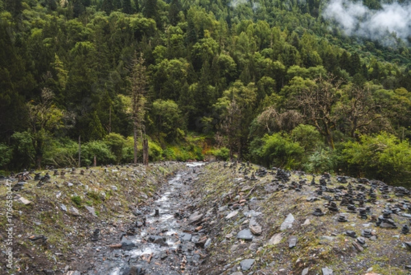 Fototapeta Streams at Changping valley scene of the Siguniang Mountain, (Four Girls Mountain) lies Sichuan of China. (Tibetan language is Om Mani Padme Hum) color effect, low key and soft focus.