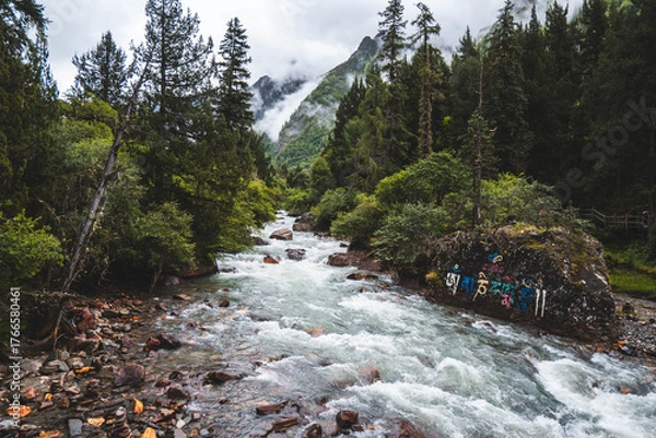 Fototapeta Streams at Changping valley scene of the Siguniang Mountain, (Four Girls Mountain) lies Sichuan of China. (Tibetan language is Om Mani Padme Hum) color effect, low key and soft focus.
