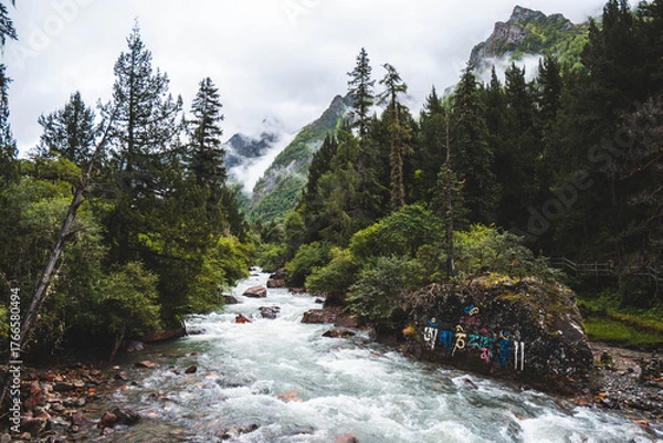 Obraz Streams at Changping valley scene of the Siguniang Mountain, (Four Girls Mountain) lies Sichuan of China. (Tibetan language is Om Mani Padme Hum) color effect, low key and soft focus.