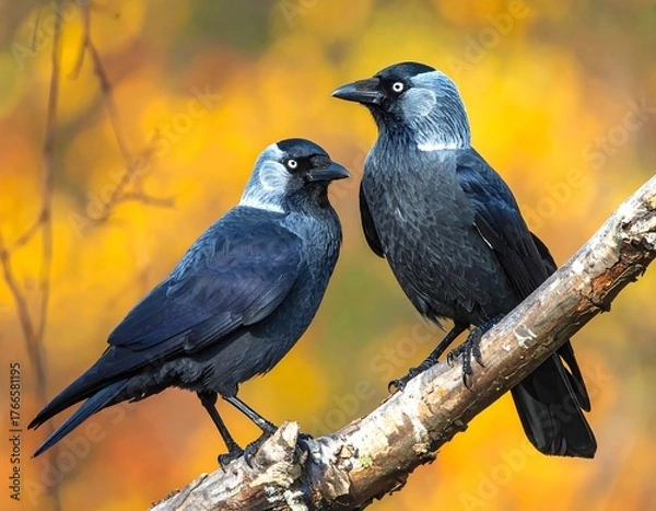 Fototapeta Two beautiful jackdaws perched on a branch in autumn season colorful background