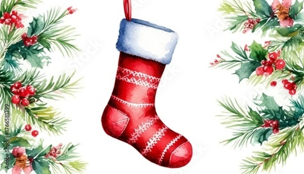 Obraz Red watercolor christmas stocking with white cuff and ornate patterns, holly garlands with bright red berries on a clean white background, festive and cozy sticker concept home decor and wall art