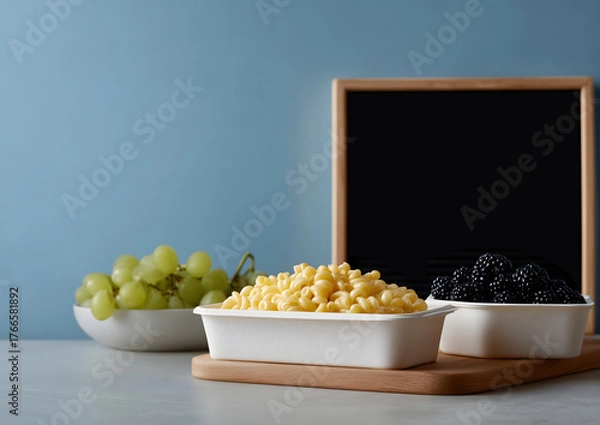 Obraz Food containers with pasta, grapes, and blackberries on table with signboard and blue background