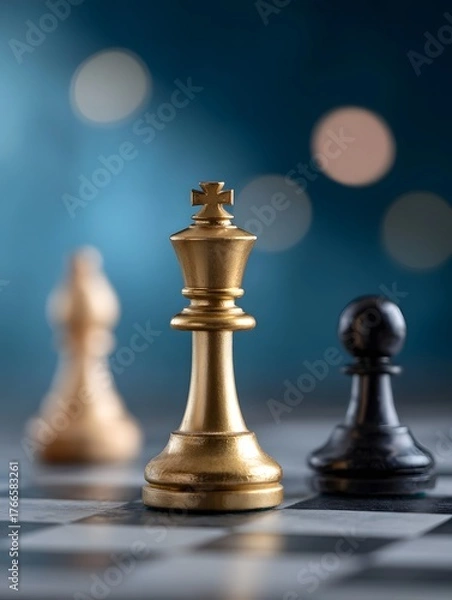 Obraz Golden king and black pawn on a chessboard with bokeh background symbolizing strategy and intellect