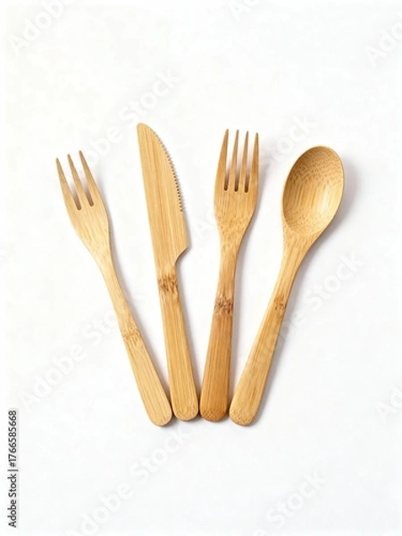 Fototapeta Four-piece bamboo cutlery set including two forks, a knife, and a spoon, laid out on a white background.
