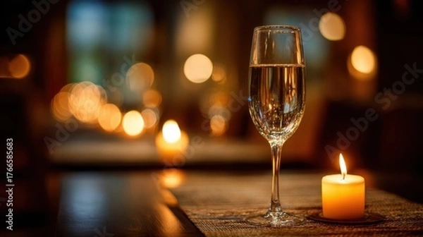 Fototapeta Elegant glass of sparkling water beside a lit candle on a wooden table, creating a warm and inviting atmosphere for a romantic dinner setting with soft bokeh lights