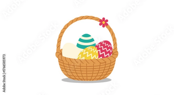 Fototapeta Easter basket with colorful decorated eggs and a small flower on the handle.