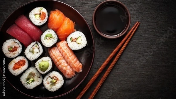 Fototapeta Assorted sushi platter featuring vibrant rolls, fresh fish, and colorful ingredients, elegantly arranged on a dark wooden surface with chopsticks and soy sauce