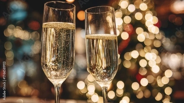 Fototapeta Two elegant champagne flutes filled with sparkling beverage, set against a festive background of soft glowing lights, creating a celebratory atmosphere for special occasions
