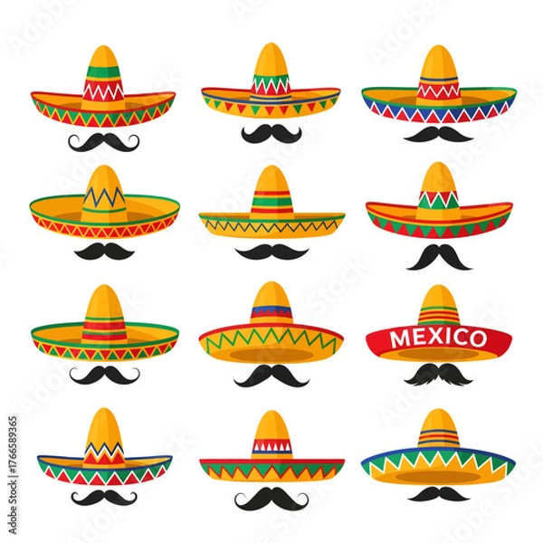 Obraz Set of vibrant Mexican hats with various patterns, each displayed above a classic black mustache in a clean vector style.