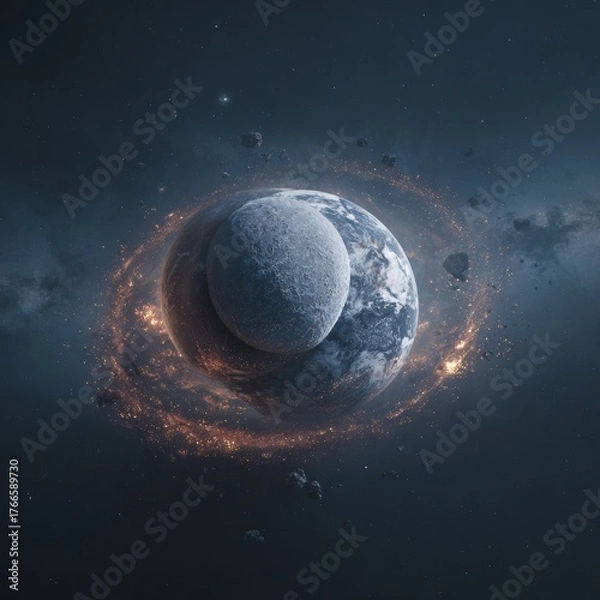 Fototapeta Cinematic Depiction of Fictional Moon Impacting Earth-like Planet with Glowing Debris Ring in Outer Space