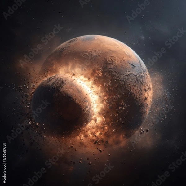Fototapeta Fictional Red Planet Collision with Intense Core Explosion and Scattered Debris in Outer Space