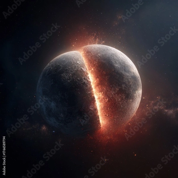 Fototapeta Fictional Cracked Planet Splitting in Half with Fiery Fissure and Glowing Debris in Deep Space